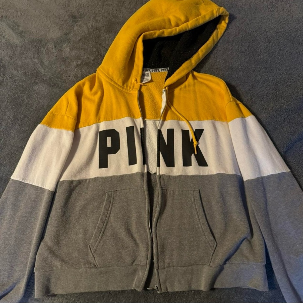 VS PINK yellow, white, and grey stripe zip-up jacket